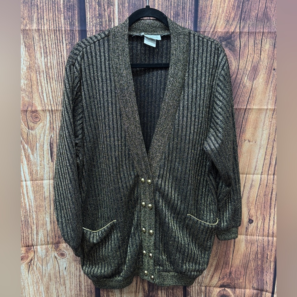 VINTAGE Brittany Nicole Gold & Black Double Button Cardigan Sweater size Large
